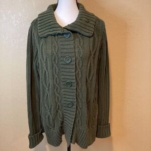Vintage Women's Eddie Bauer Button Cardigan, Olive Green, Size XXL, Cable Knit